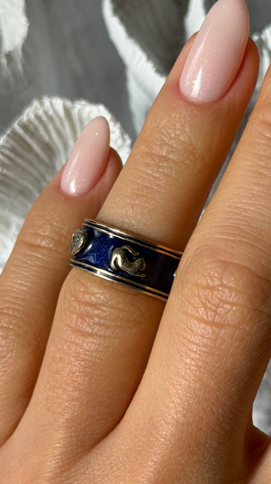 925 Sterling Silver Gold Plated Blue Enamel Cats Ring Size 6
