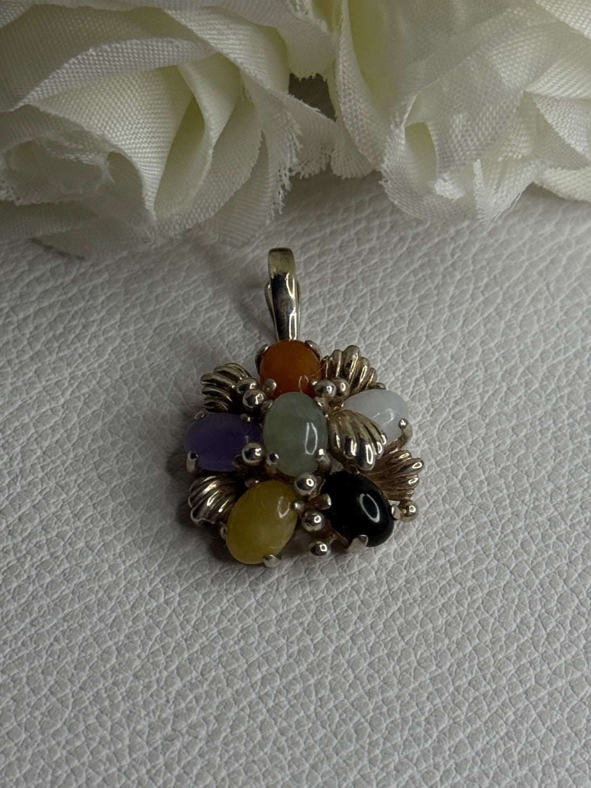 925 Sterling Silver Multi Color Jade Pendant Length 1.20 Inch