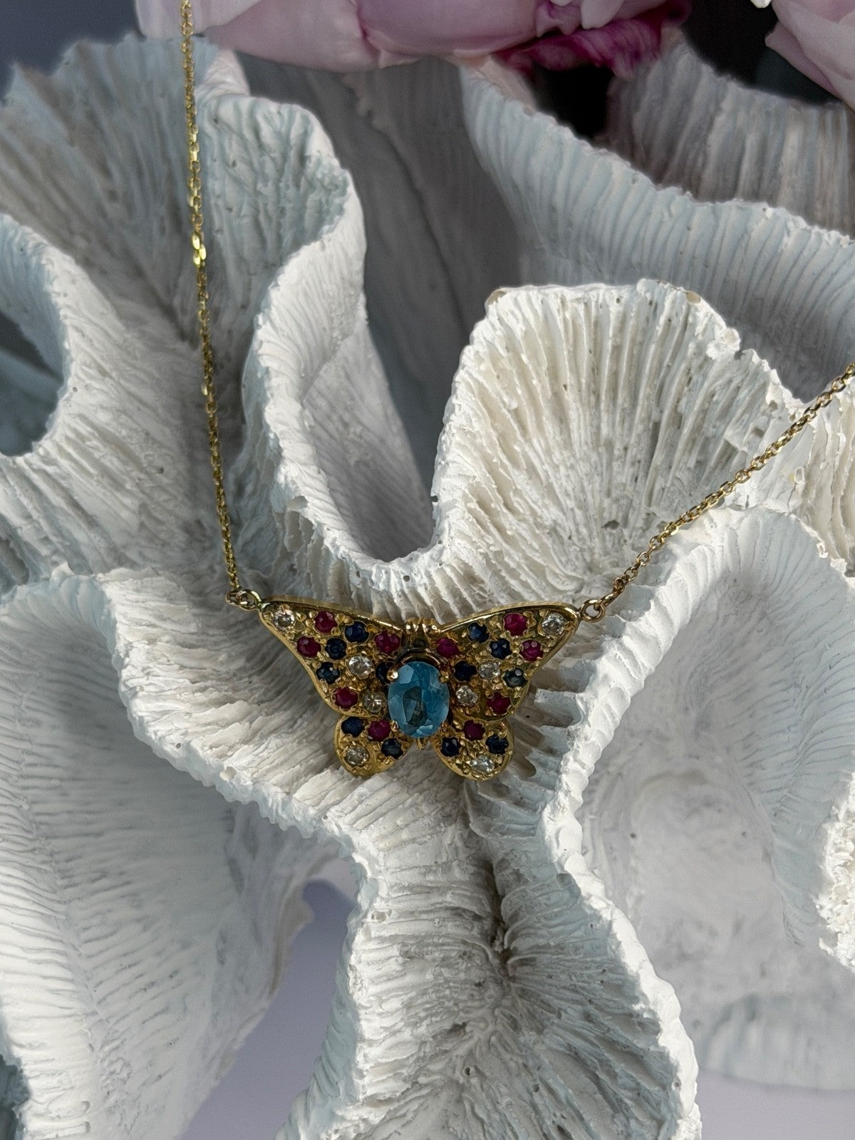 14K Yellow Gold Topaz Ruby Sapphire Diamond Necklace Butterfly