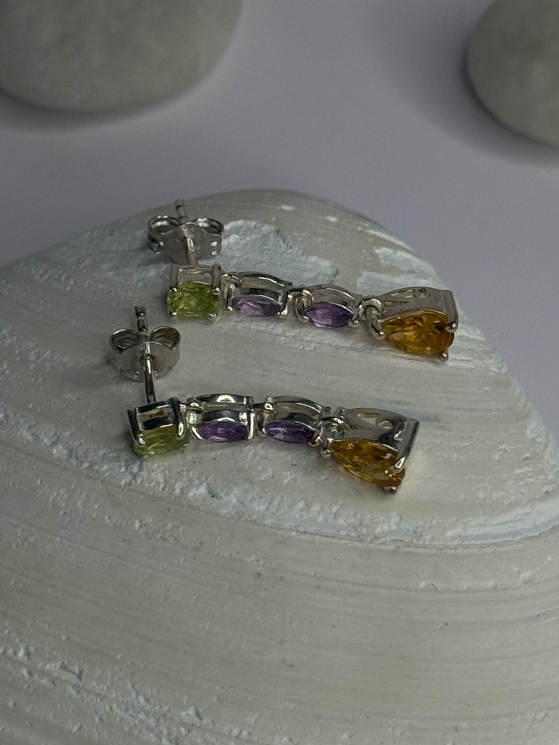 925 Sterling Silver Peridot & Amethyst & Citrine Earrings Length 0.90 Inch