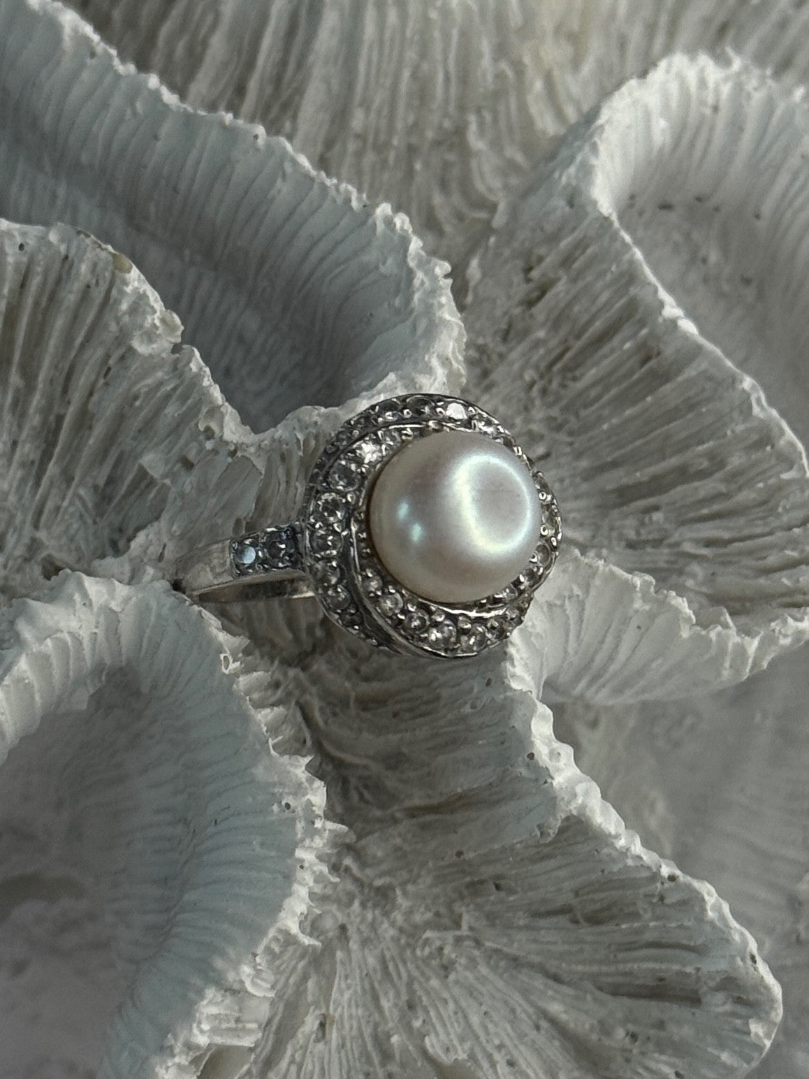 925 Sterling Silver Pearl & Beryl Ring Size 9