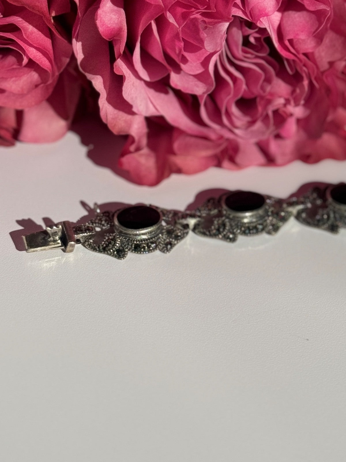 Vintage 925 Sterling Silver Onyx & Marcasite Bracelet 7 Inch