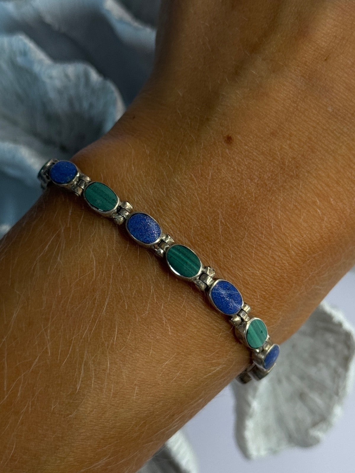 925 Sterling Silver Malachite & Sodalite Bracelet Length 7