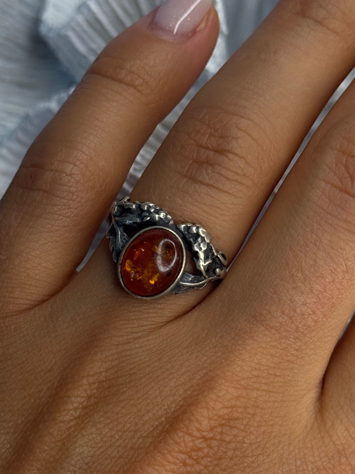 Vintage 925 Sterling Silver Amber Ring Size 8