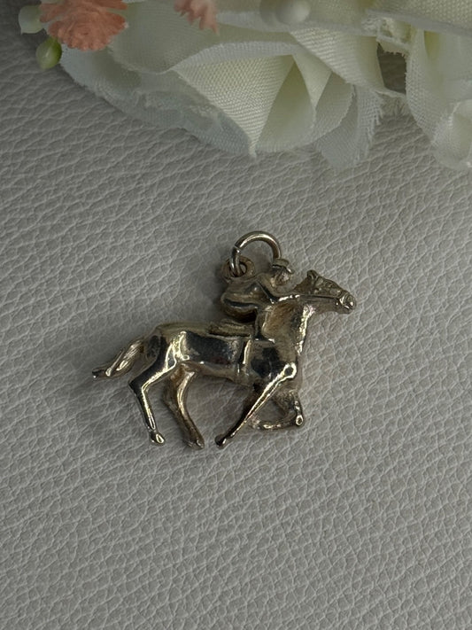 Horse & Jockey Lucky Racing Race Charm Pendant 925 Sterling Silver Length 1 Inch