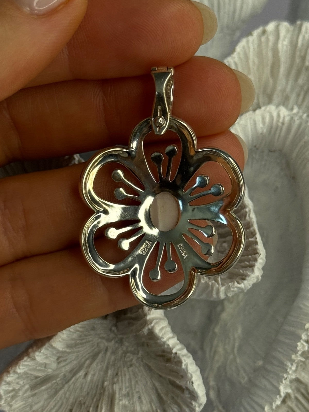 925 Sterling Silver Pink Agate & Marcasite Flower Pendant Length 1.75 Inch