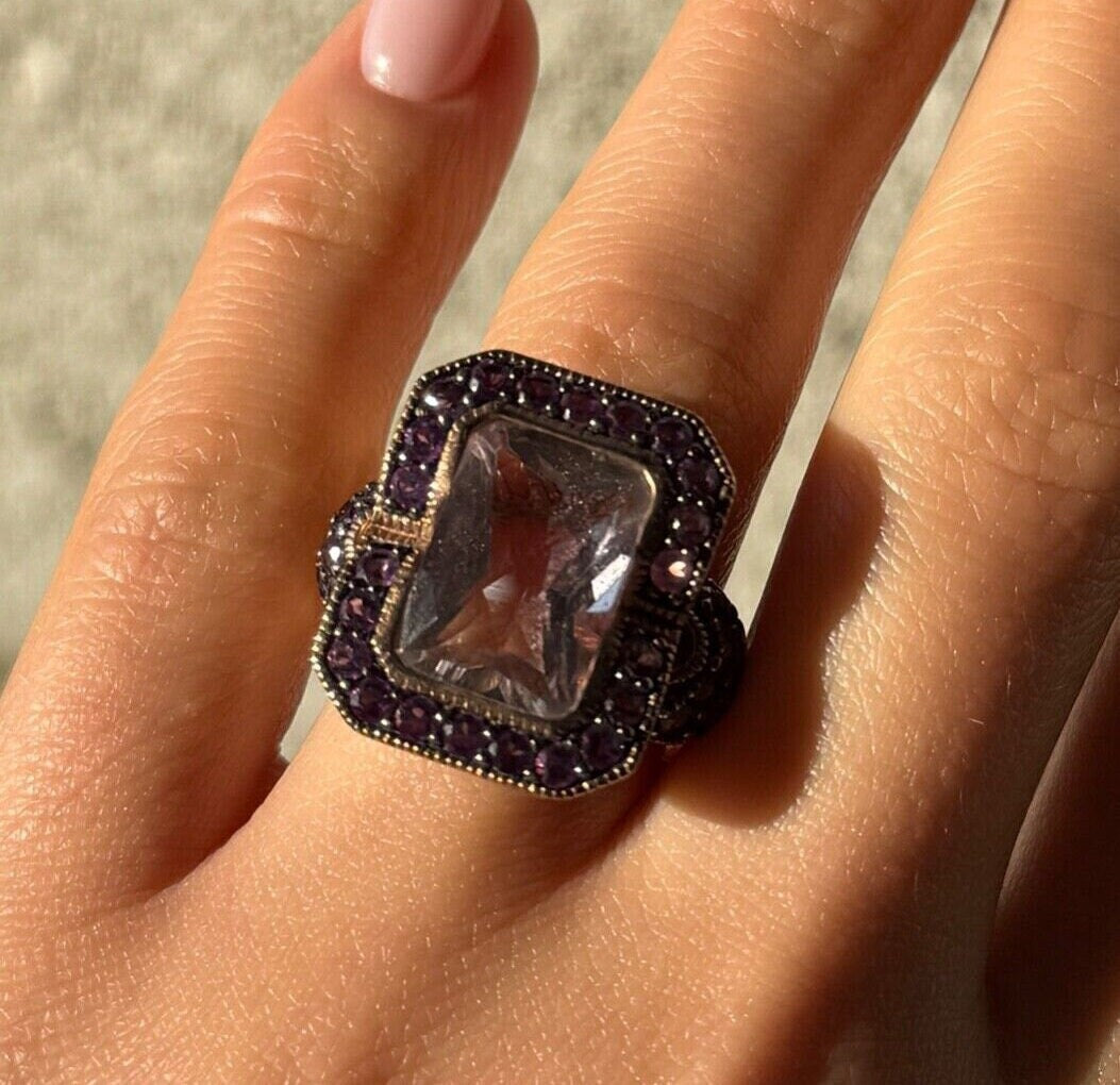 925 Sterling Silver Gold Plated Morganite & Amethyst Ring Size 6