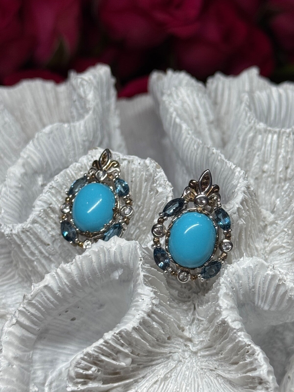 925 Sterling Silver Turquoise, Aquamarine & Beryl Earrings Length 1 Inch