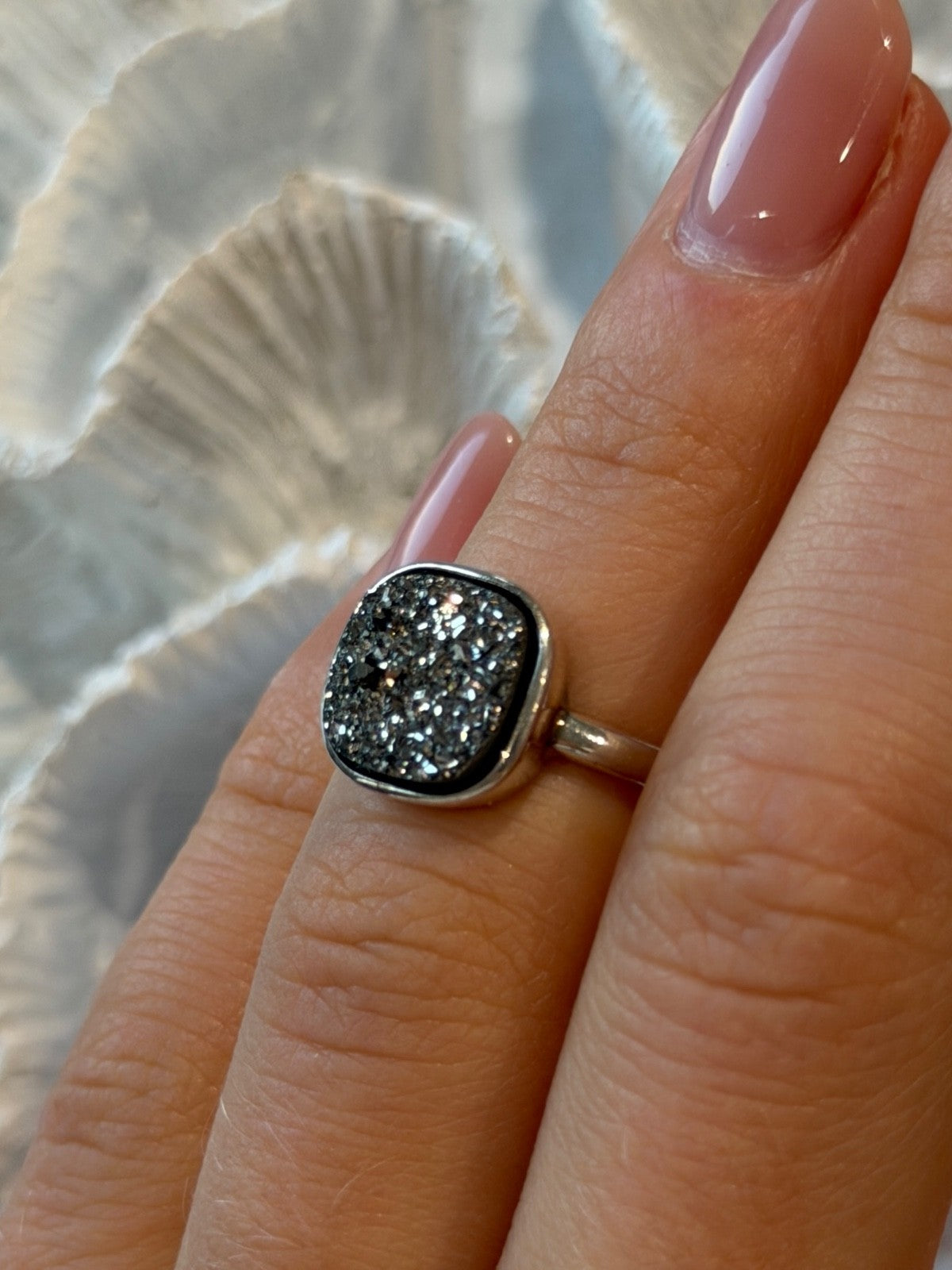 925 Sterling Silver Black Druzy Quartz Ring Size 5