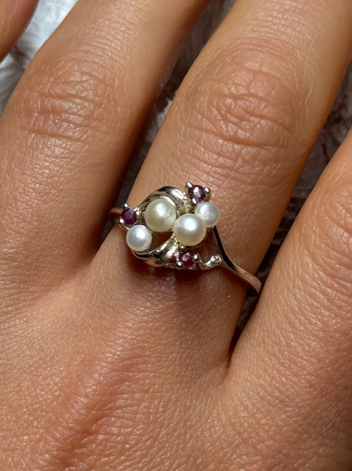 925 Sterling Silver Pearls & Ruby Ring Size 8