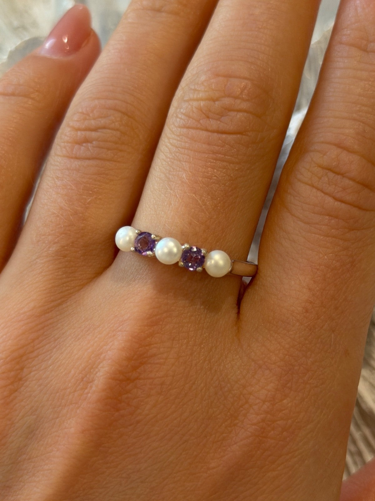 925 Sterling Silver Amethyst & Pearl Ring Size 11