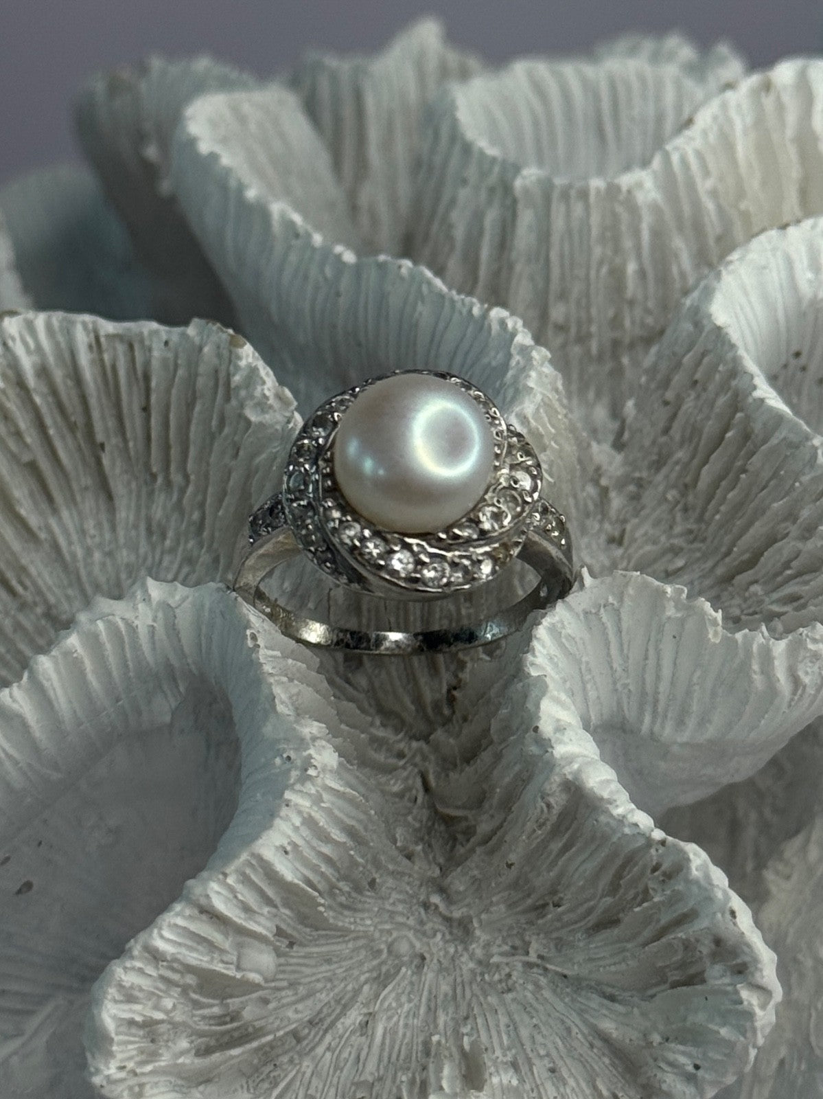 925 Sterling Silver Pearl & Beryl Ring Size 9