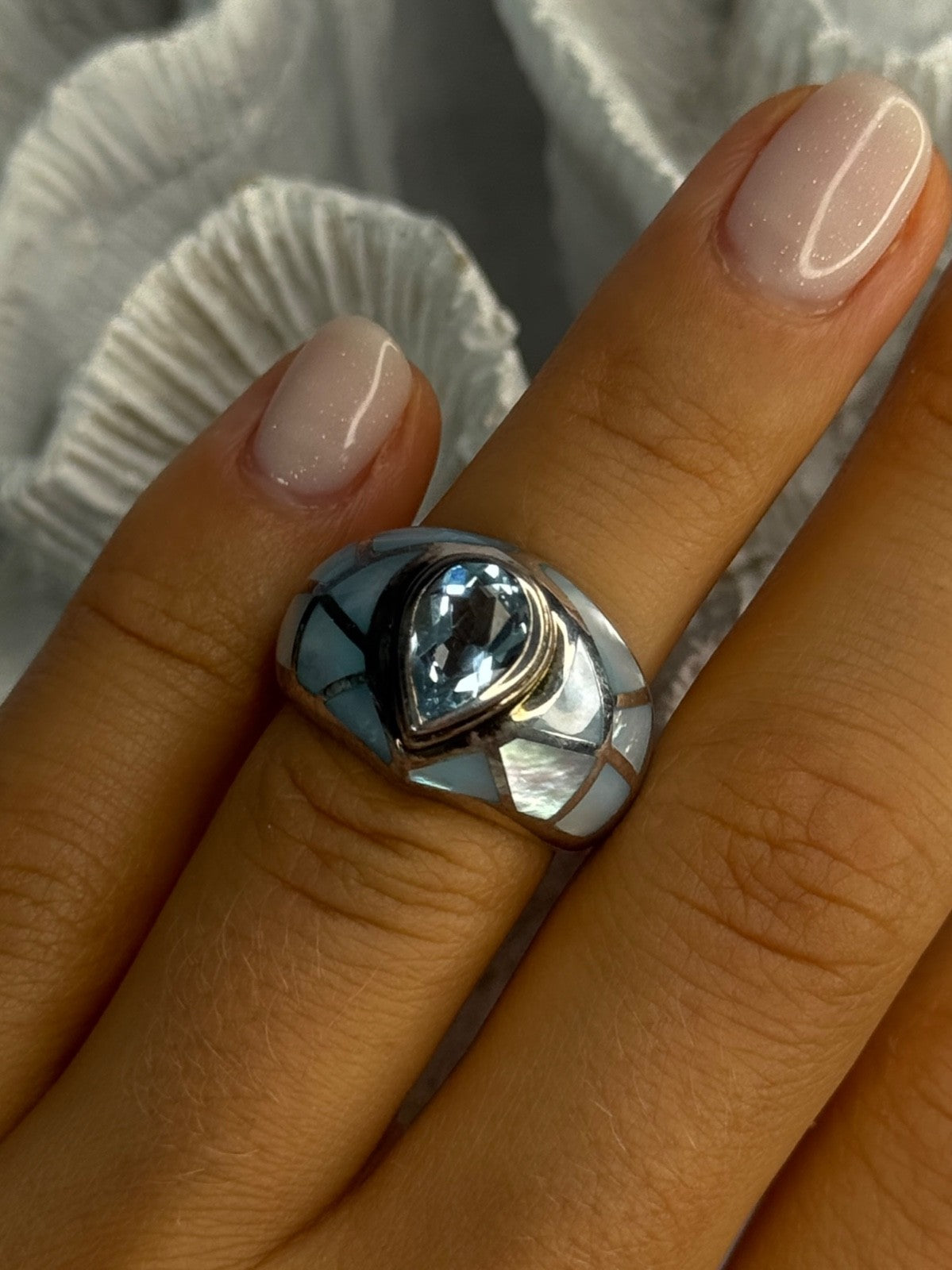 925 Sterling Silver Beautiful Blue Abalone & Topaz Ring Size 6