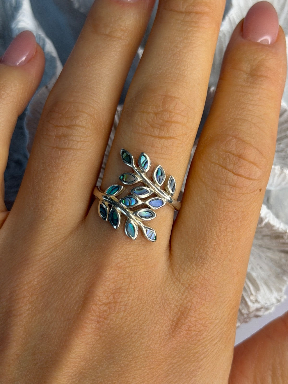 925 Sterling Silver Leaf Abalone Ring Size 8.5