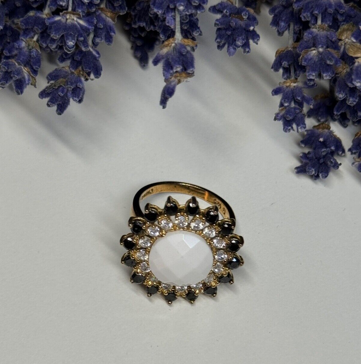 925 Sterling Silver Agate, White & Blue Sapphire Ring Size 7
