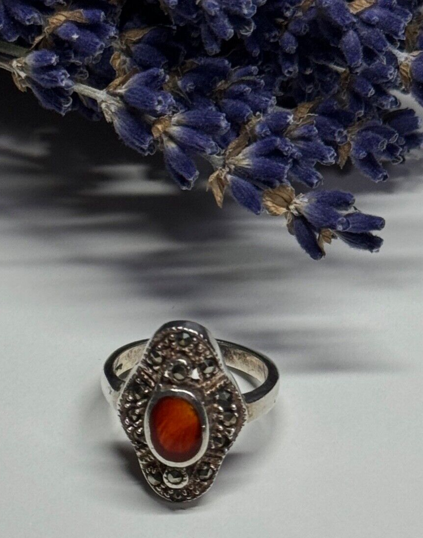 925 Sterling Silver Amber & Marcasite Ring Size 5