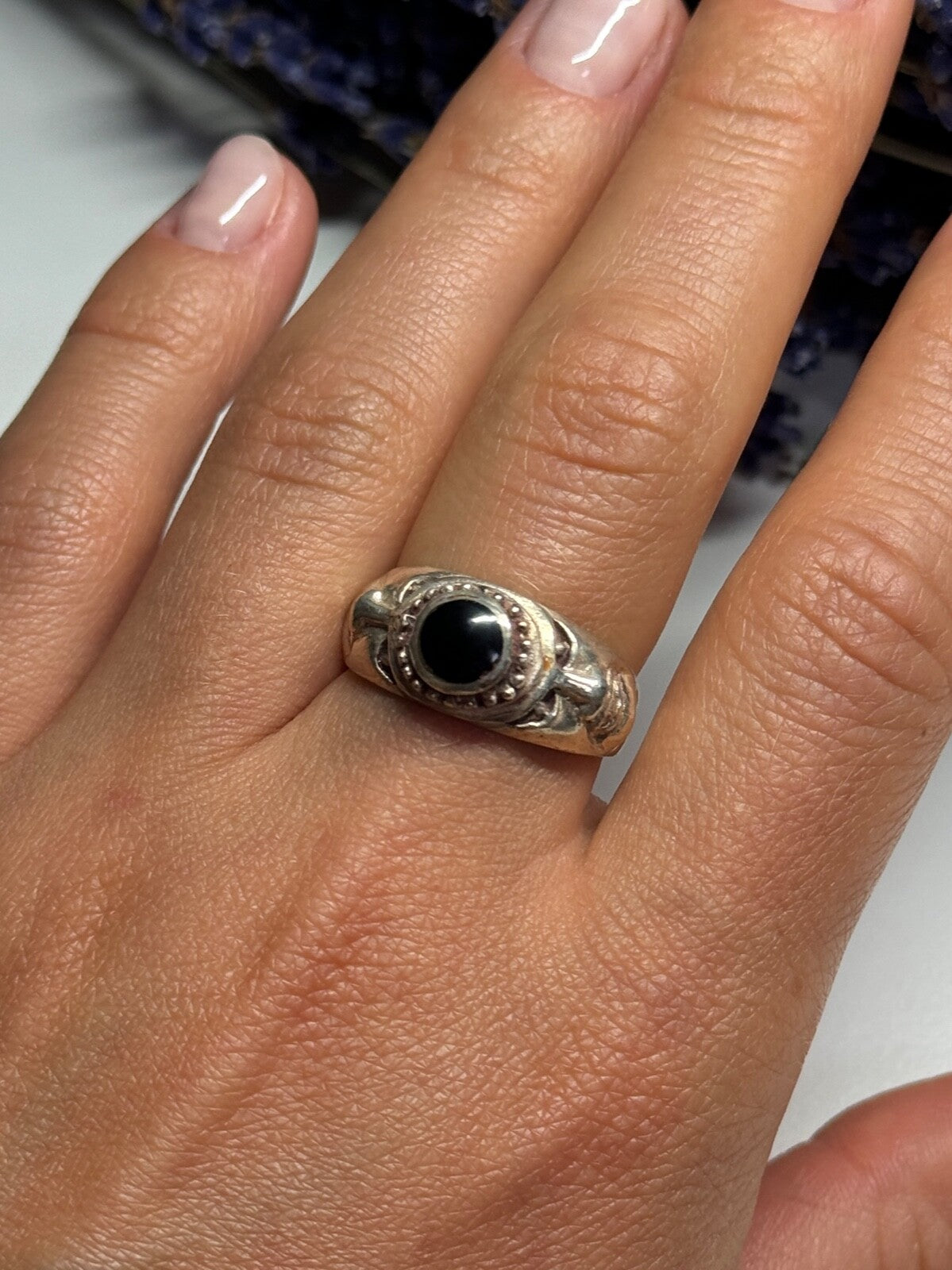 Vintage 925 Sterling Silver Black Enamel Face Ring Size 8