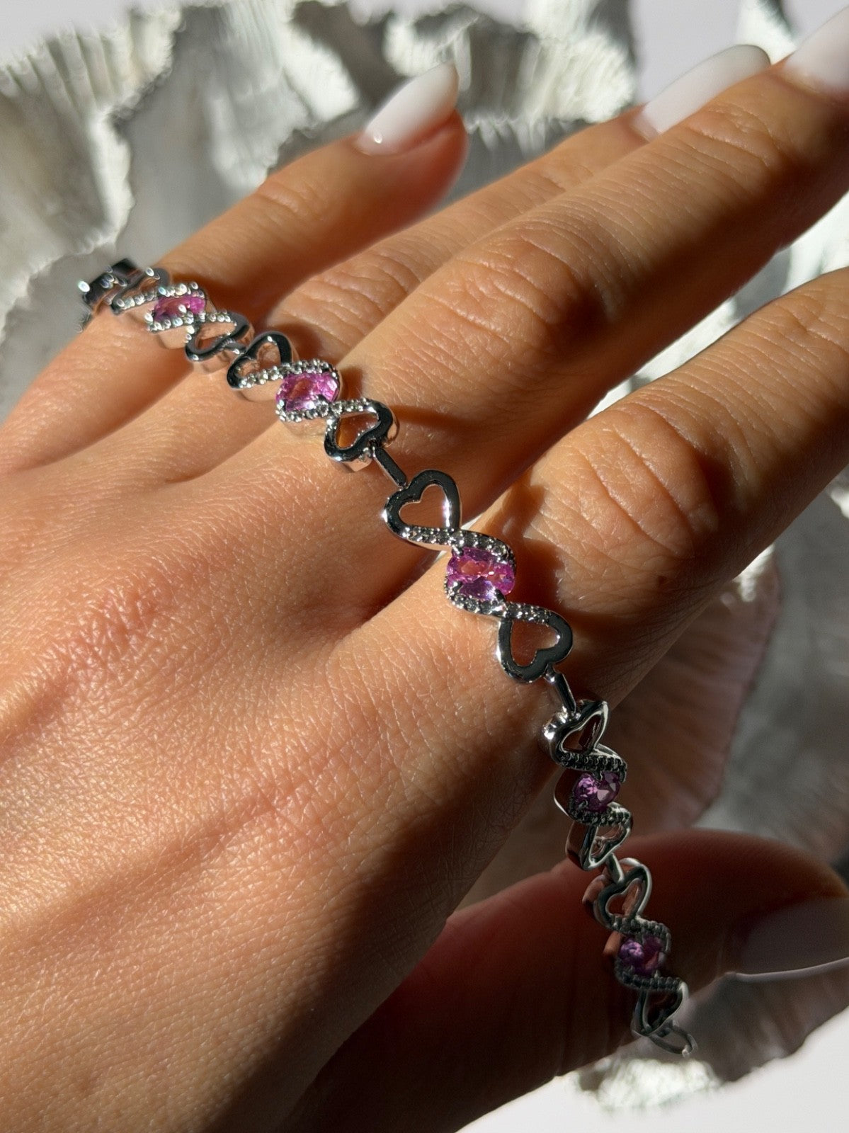 925 Sterling Silver Pink & White Spinel Heart Bracelet