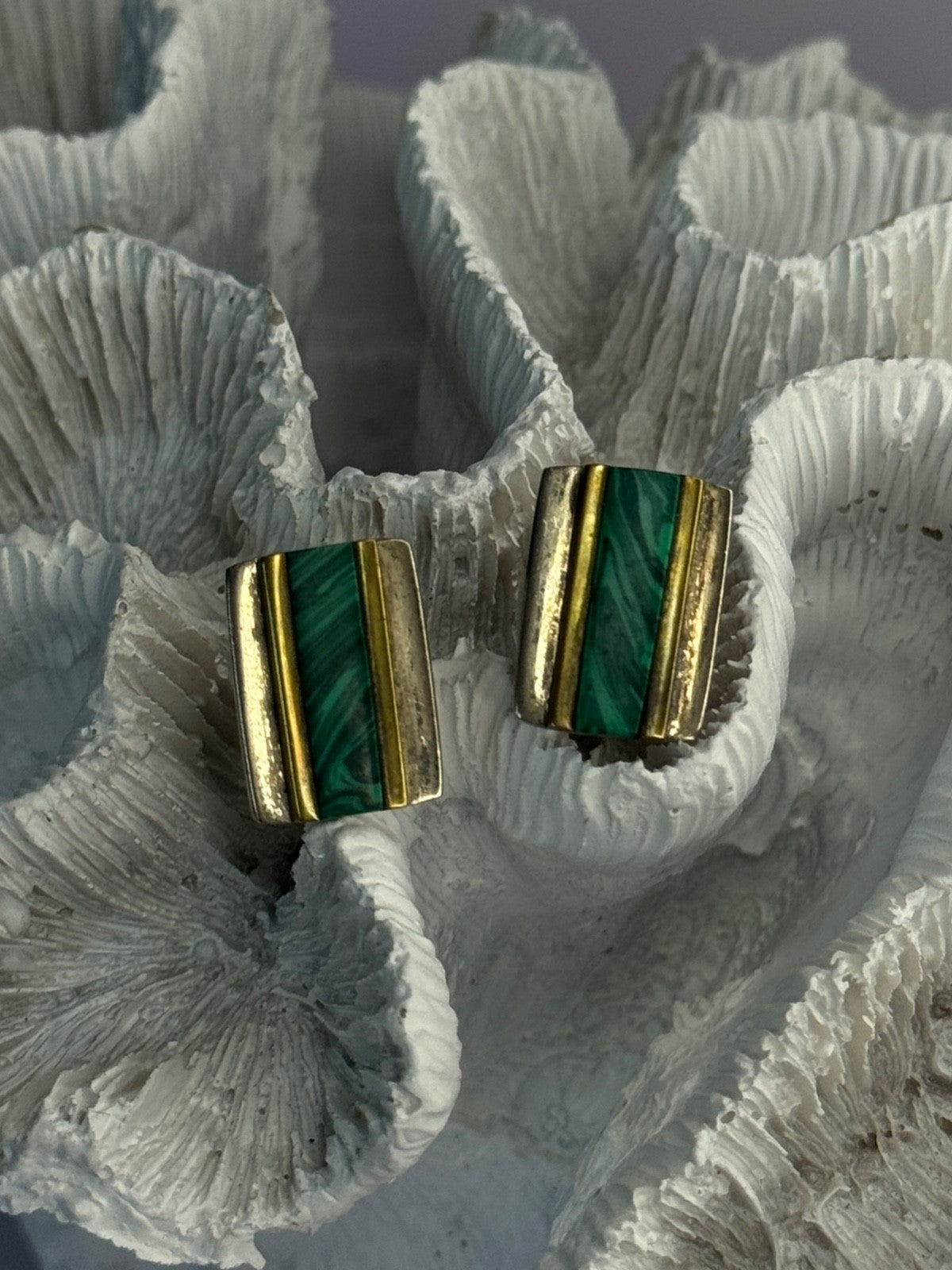 925 Sterling Silver Gold Plated Part Malachite Cufflinks