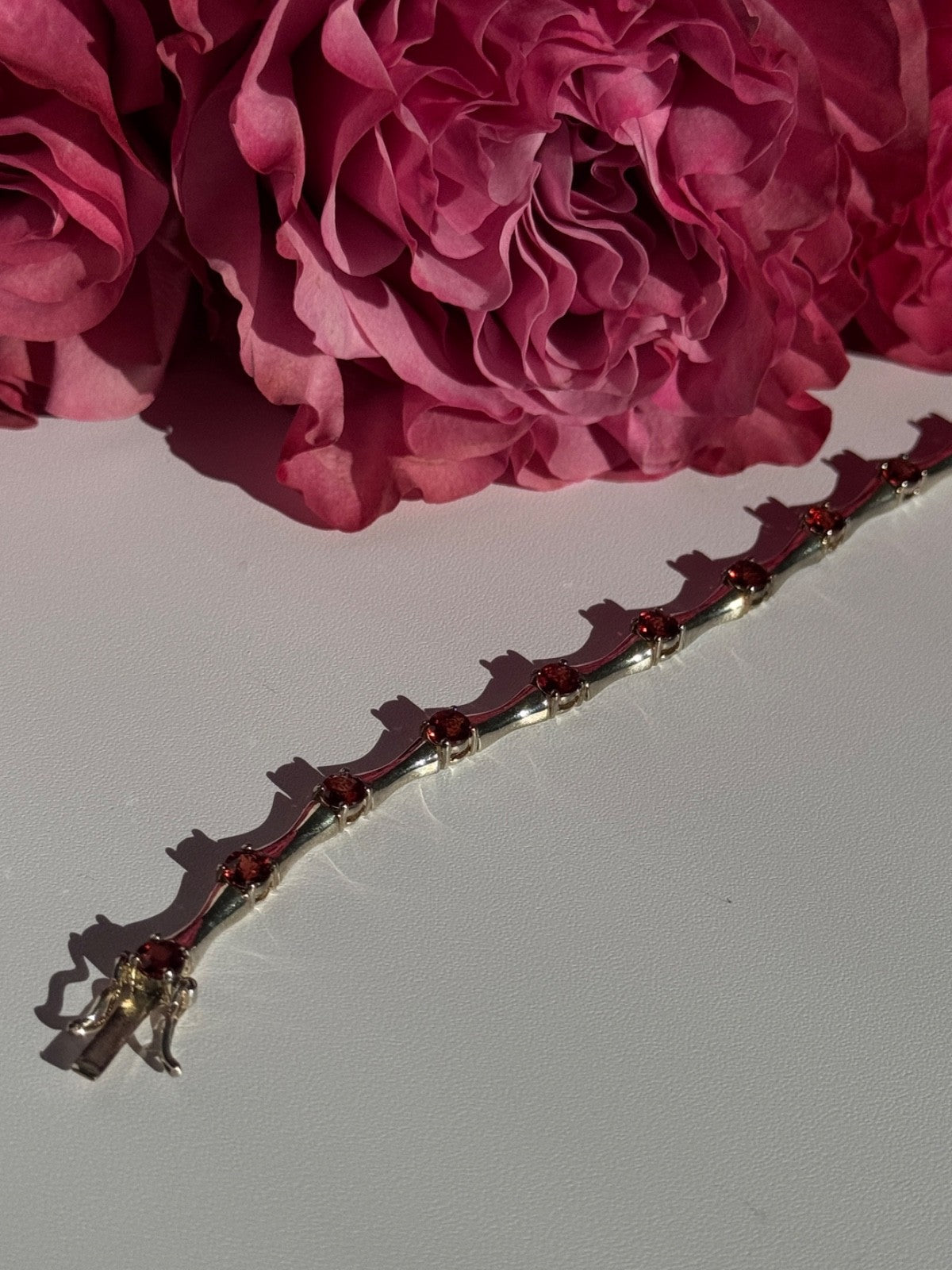 925 Sterling Silver Garnet Bracelet 7 Inch