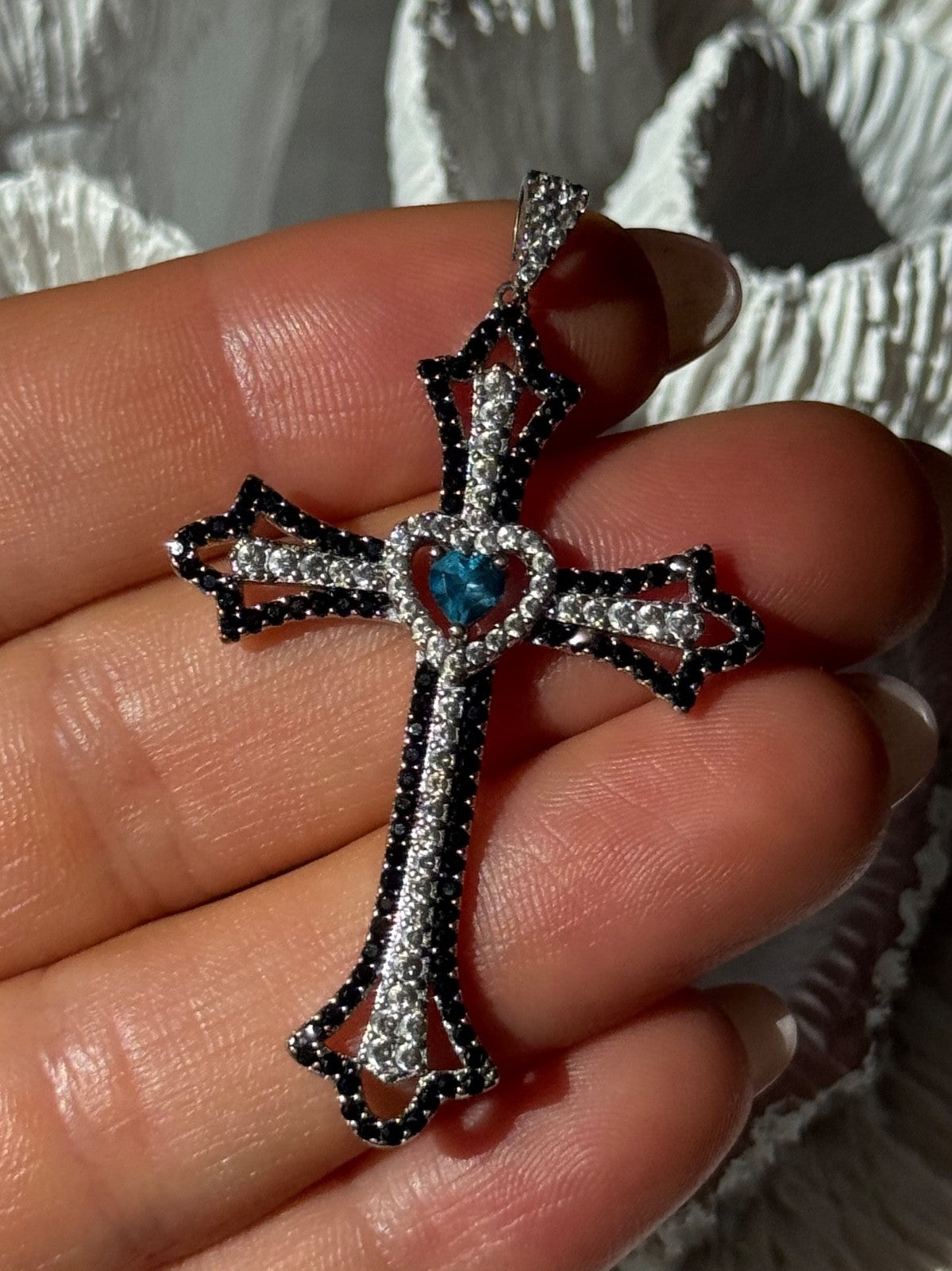 925 Sterling Silver Sapphire Beryl Topaz Heart Pendant Cross