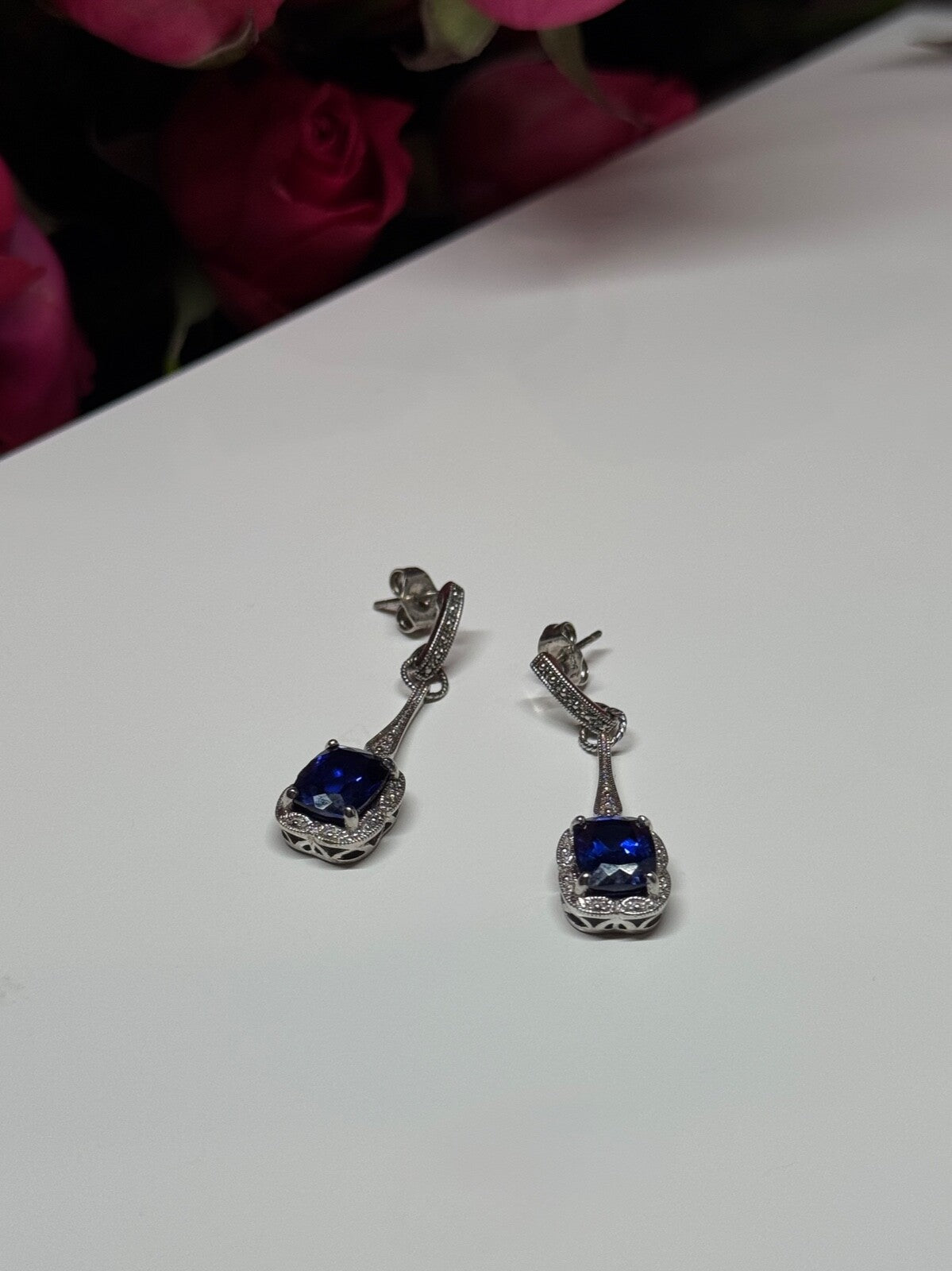 925 Sterling Silver Sapphire Earrings Length 1.5 Inch