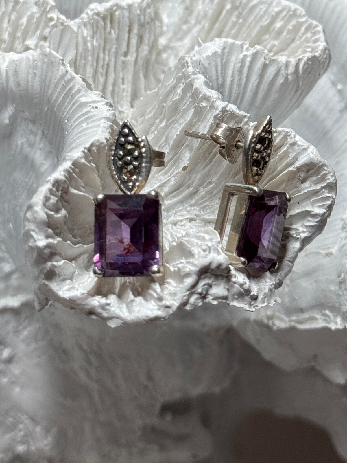 925 Sterling Silver Tourmaline & Marcasite Earrings Length 0.7 Inch