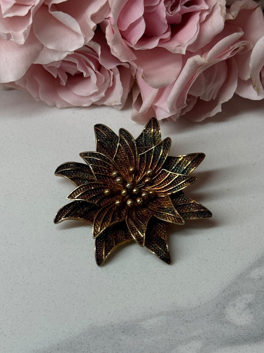 925 Sterling Silver Gold Plated Brooch Flower Length 1.6 In
