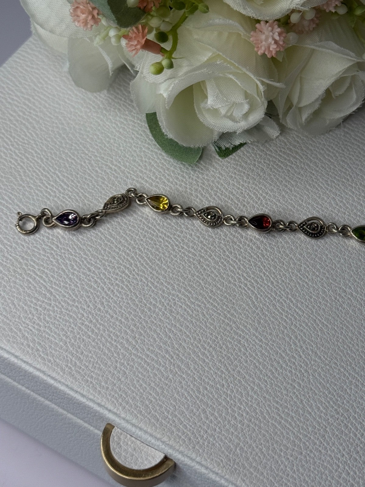 925 Sterling Silver Amethyst Citrine Garnet Peridot Topaz Bracelet Length 7.5 In