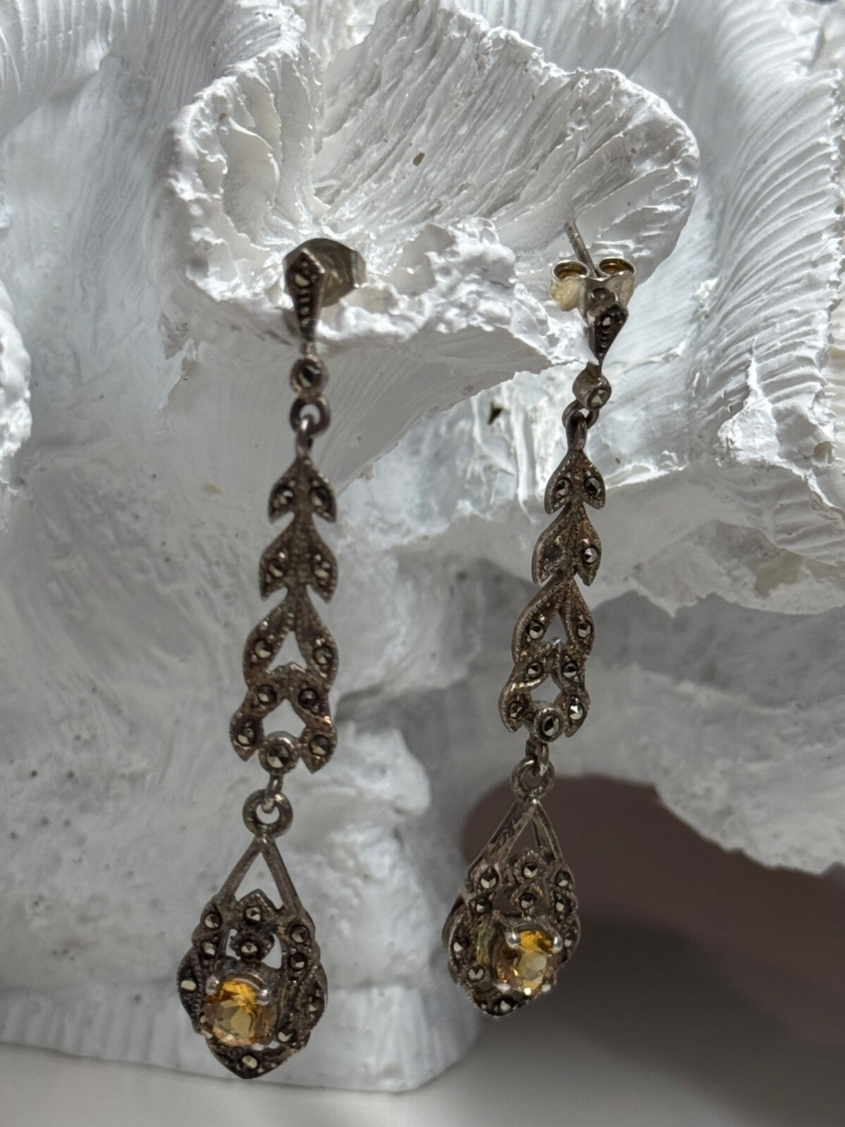 925 Sterling Silver Citrine & Marcasite Earrings Length 2.2 Inch