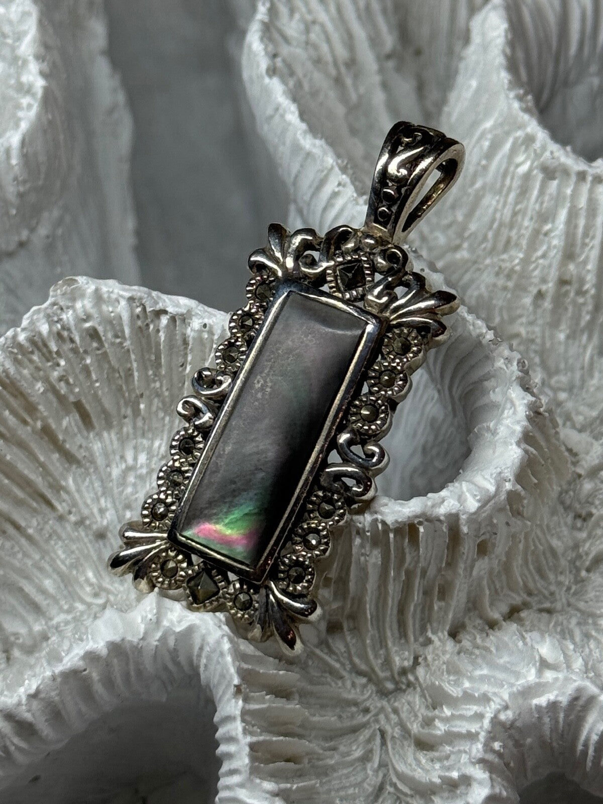 925 Sterling Silver Abalone Pendant Length 1.6 In