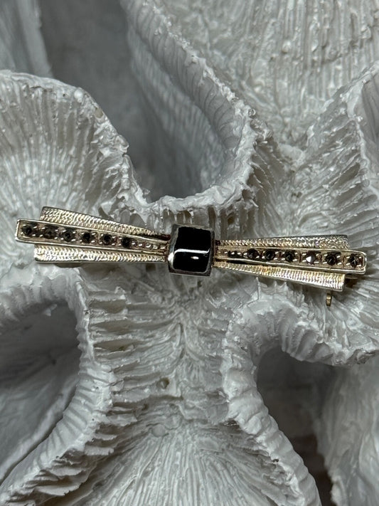 925 Sterling Silver Onyx & Marcasite Brooch Length 1.8 Inch