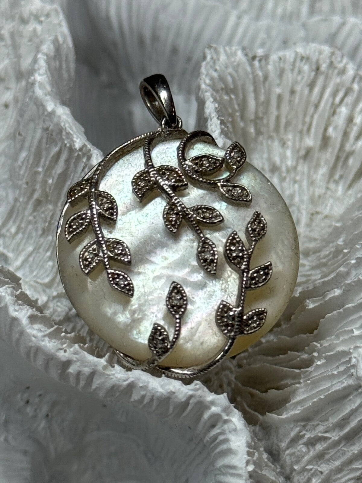 925 Sterling Silver Abalone & Marcasite Pendant Length 1.4 In