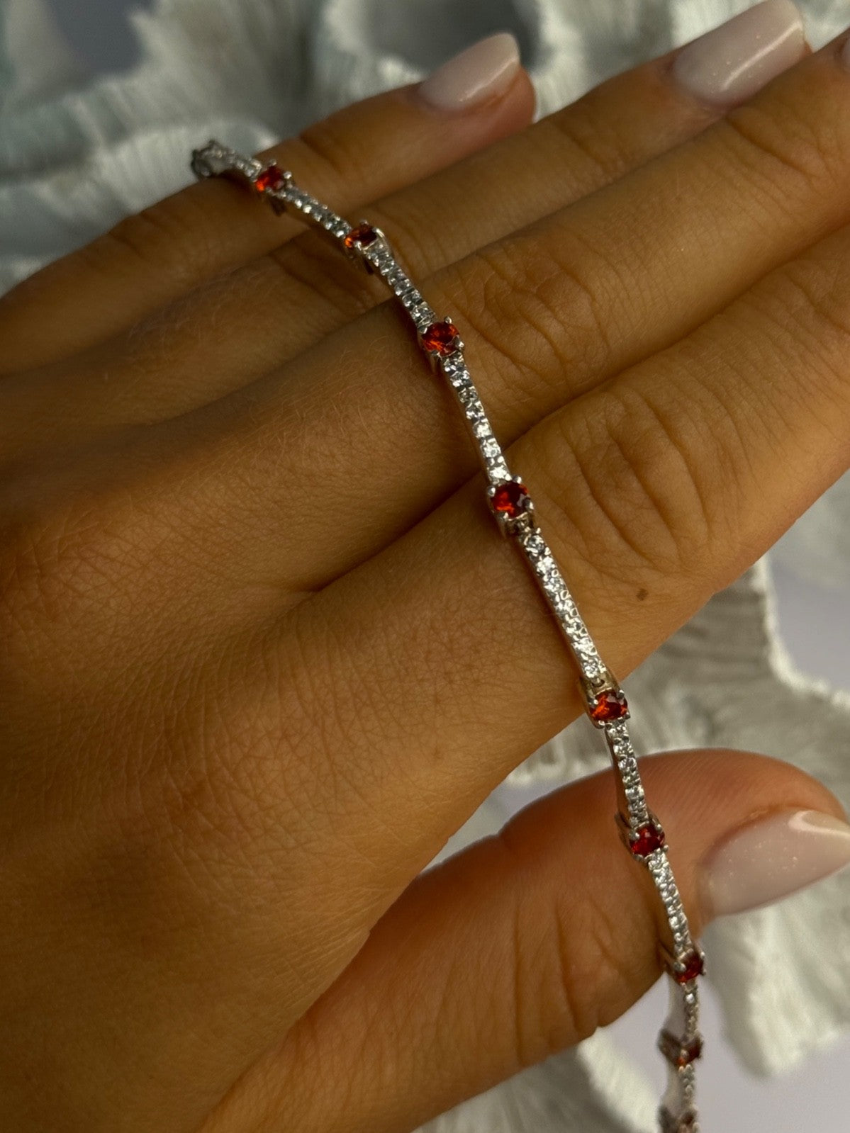 925 Sterling Silver Red Spinel & Beryl Bracelet Length 7.5