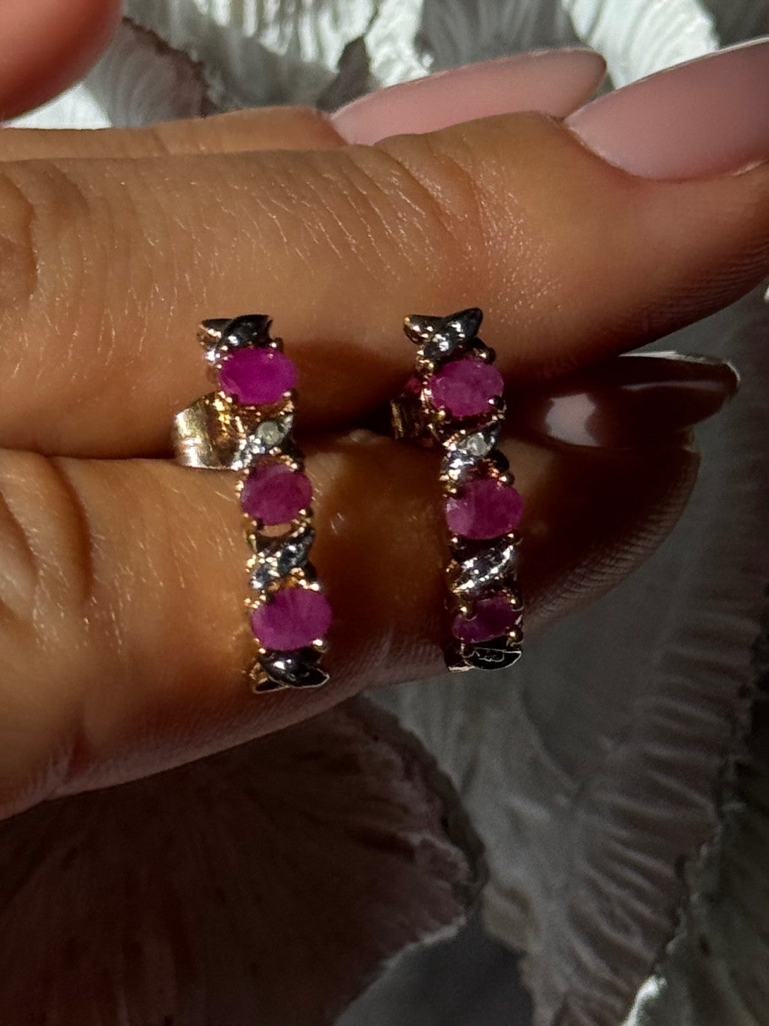 925 Sterling Silver Gold Plated Ruby & Diamond Earrings Length 0.77 Inch