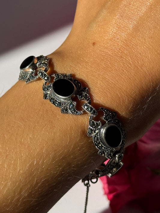 Vintage 925 Sterling Silver Onyx & Marcasite Bracelet 7 Inch