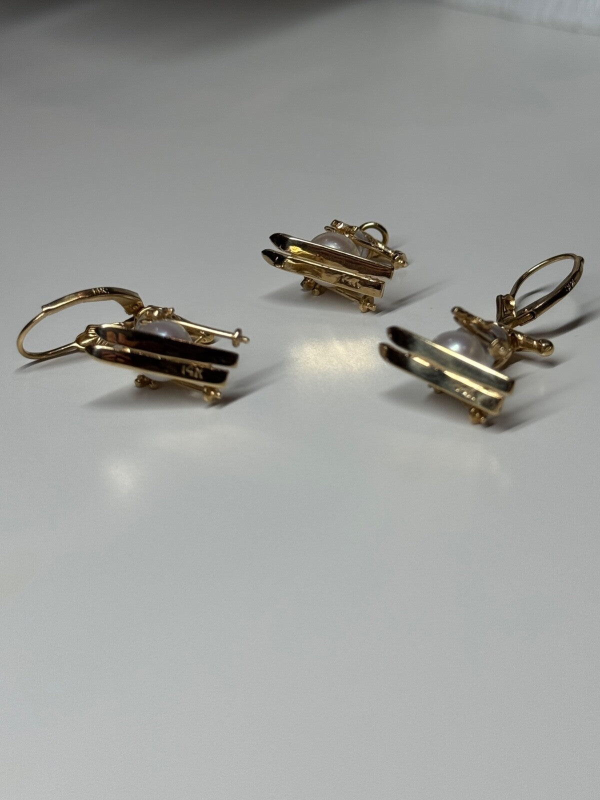14K Yellow Gold Pearls Earrings & Pendant Skiing Snowmens ON Skis