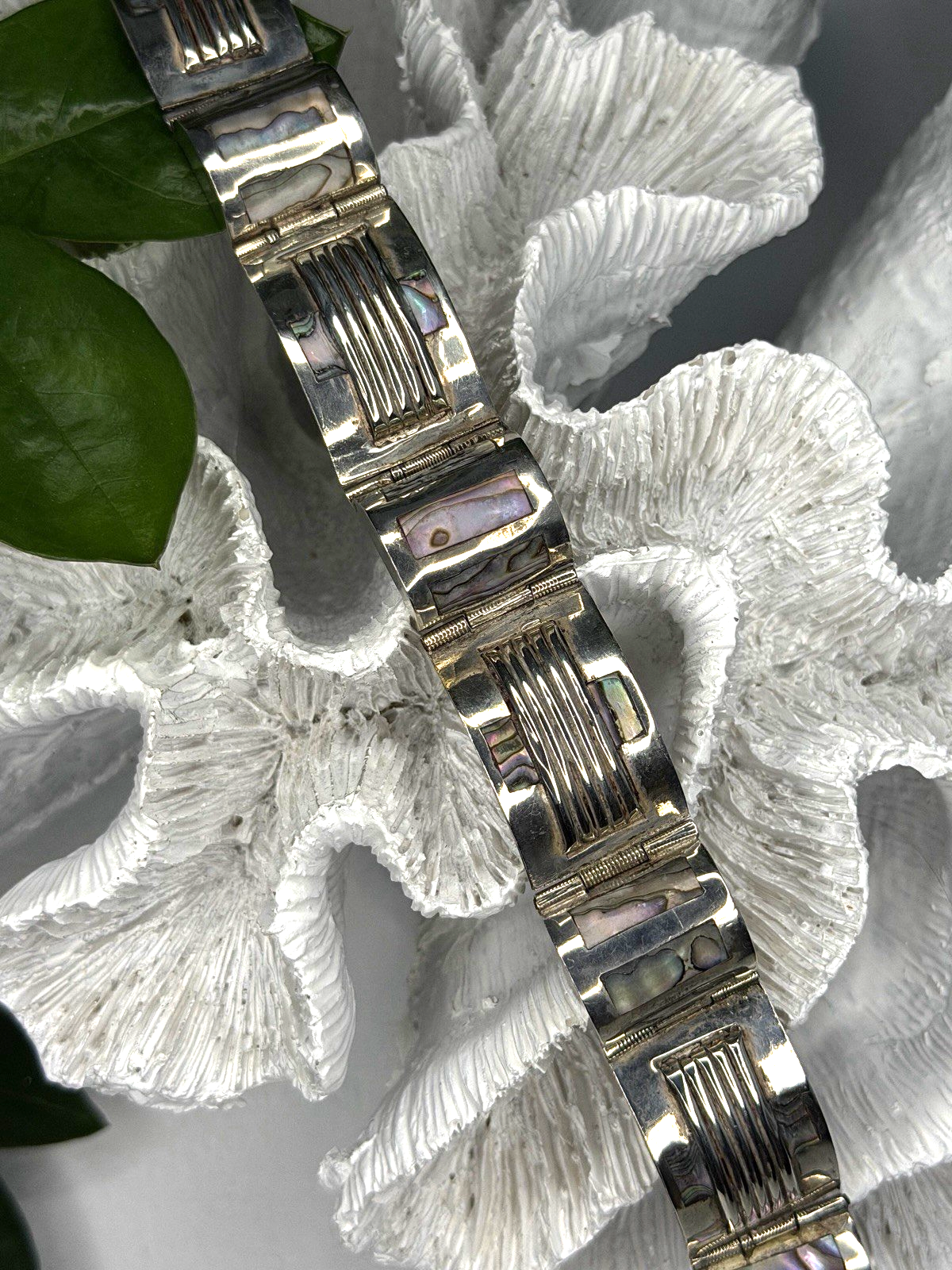 Vintage 925 Sterling Silver Abalone Mother of Pearl Bracelet Length 7