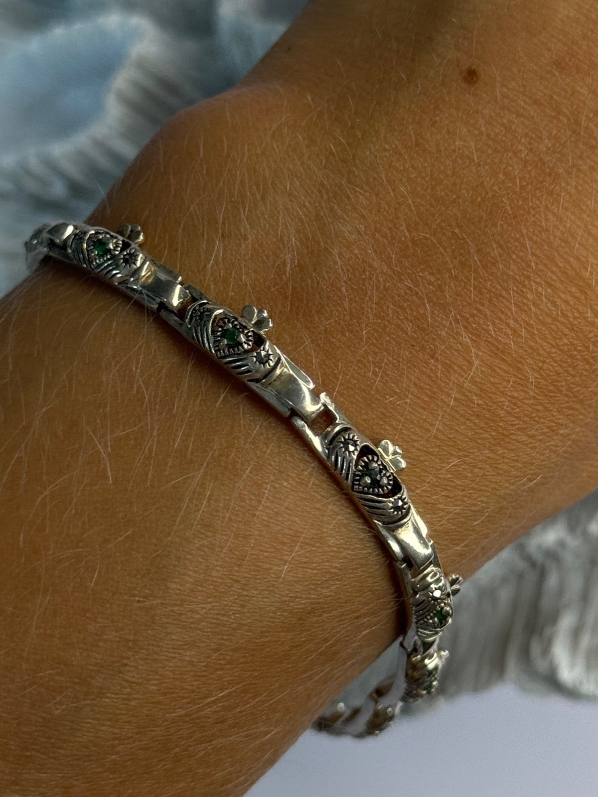Vintage 925 Sterling Silver Heart Emerald & Marcasite Bracelet Length 7