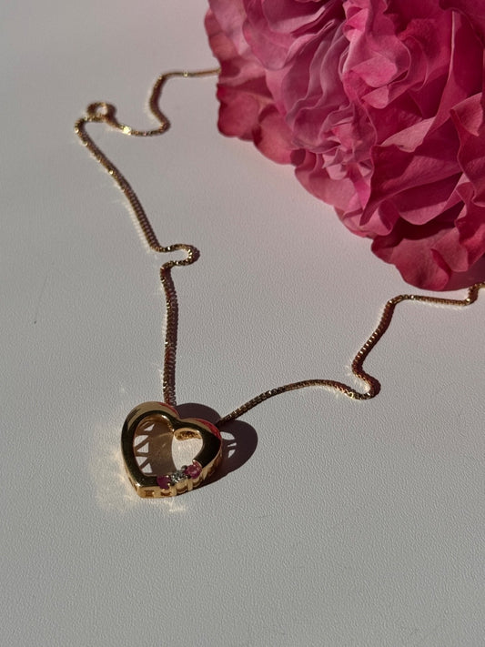 925 Sterling Silver Gold Plated Ruby & Diamond Heart Necklace