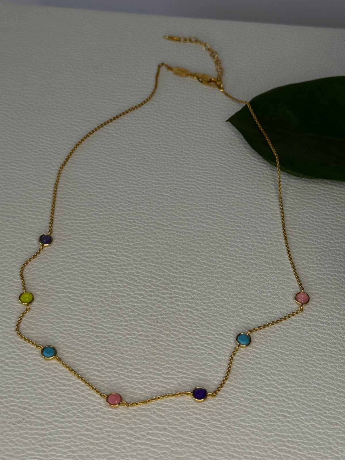 925 Sterling Silver Gold Plated Gemstones Necklace Length 15/16.5 Inch