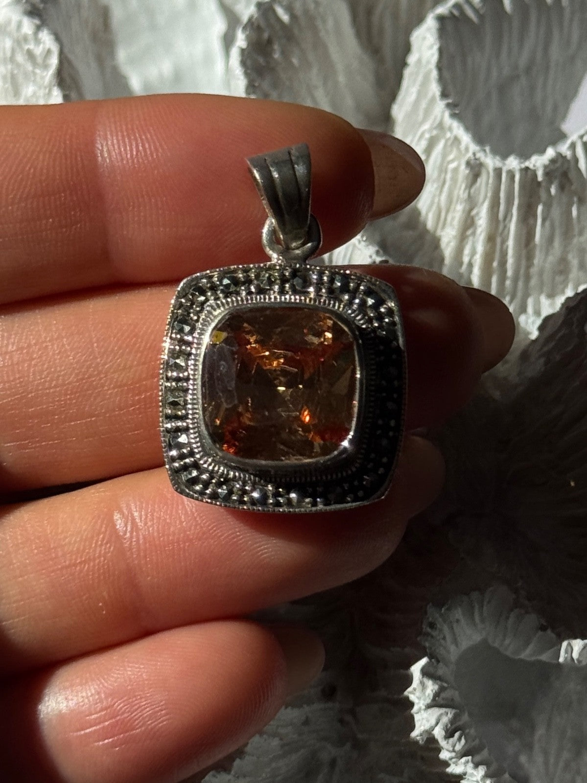 925 Sterling Silver Citrine & Marcasite Pendant
