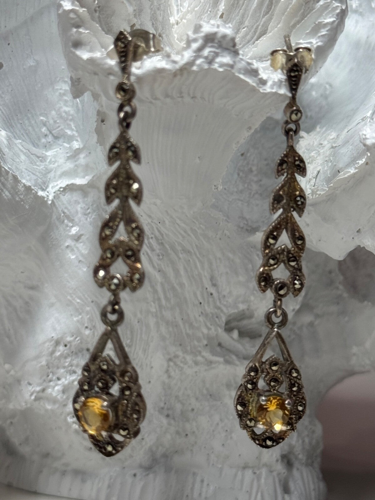 925 Sterling Silver Citrine & Marcasite Earrings Length 2.2 Inch