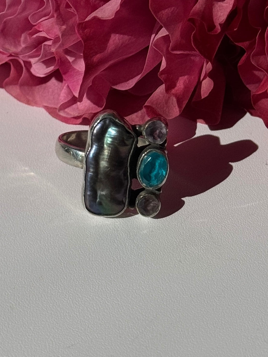 925 Sterling Silver Abalone Amethyst Aquamarine Ring Size 6