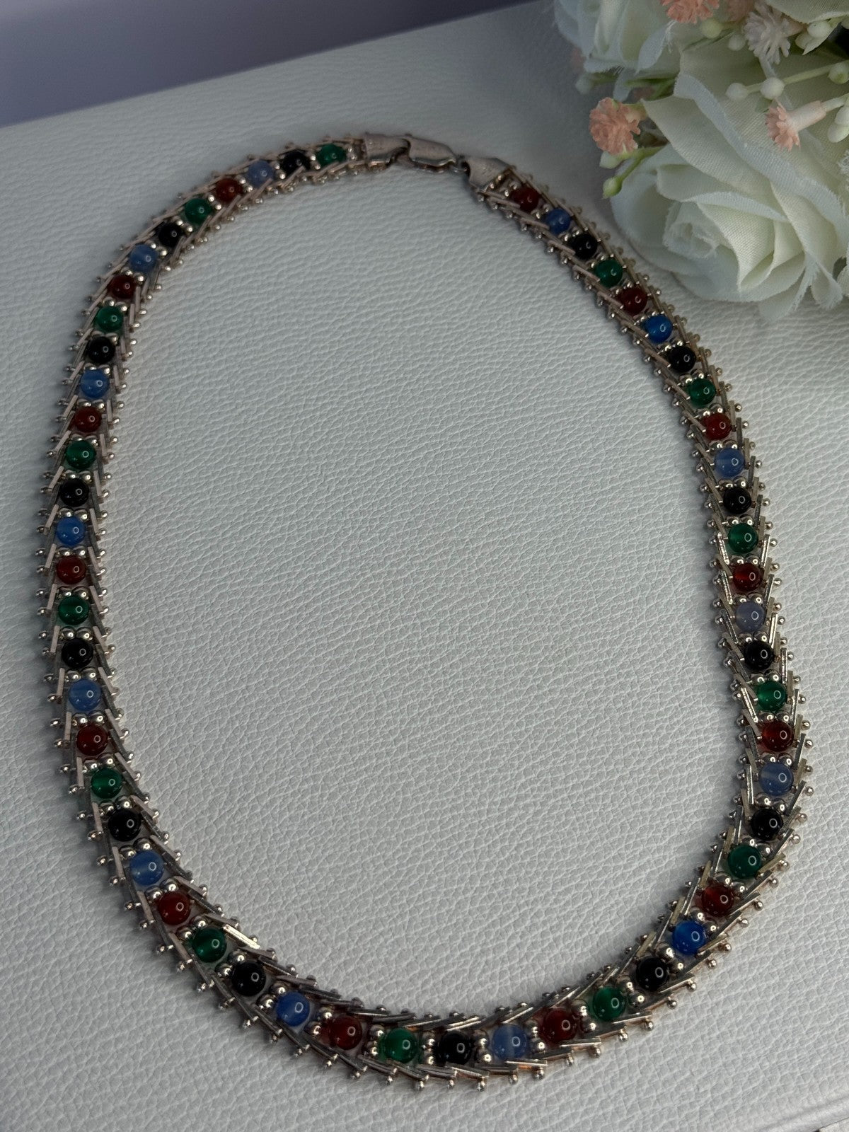 925 Sterling Silver Italy Milor Multicolor Agate Necklace Length 17 Inch