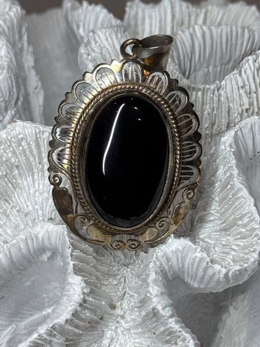 Vintage 925 Sterling Silver Black Onyx Pendant Length 2 Inch