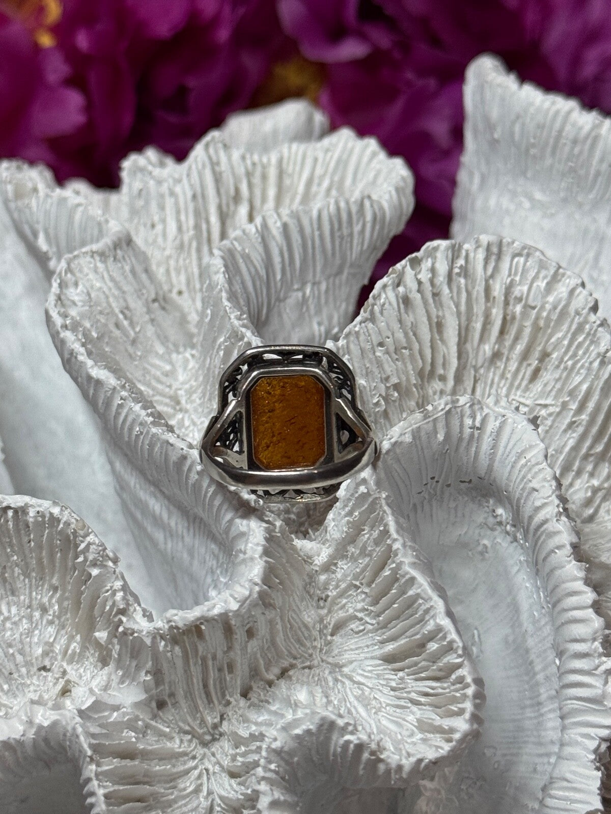 925 Sterling Silver Amber Ring Size 5