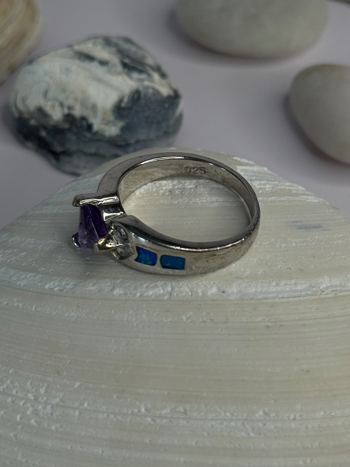 925 Sterling Silver Amethyst & Beryl & Opal Ring Size 6.5