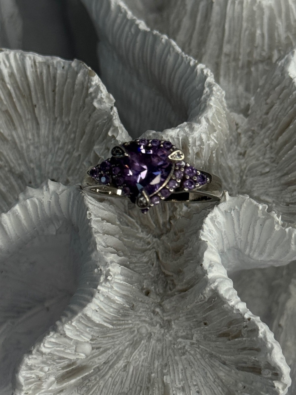 925 Sterling Silver Amethyst & Diamond Heart Ring Size 8.5