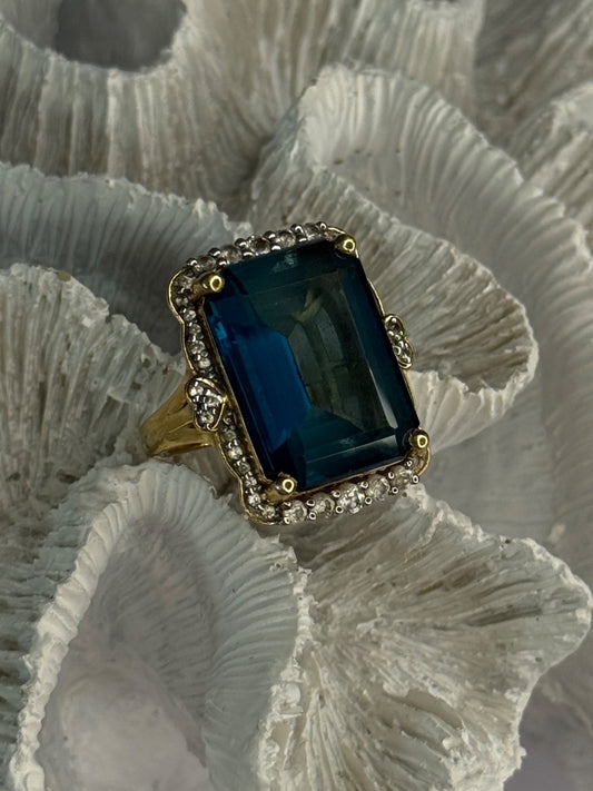 925 Sterling Silver Gold Plated Sapphire & Beryl Ring Size 9